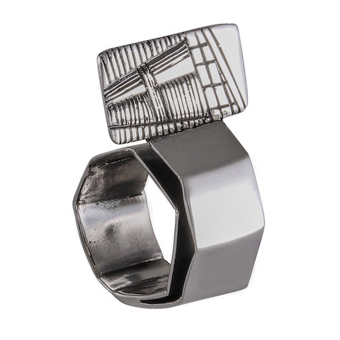 Geometric Grid Statement Ring Silver & Oxidized - Model 114-038 - Silver Maker Family 