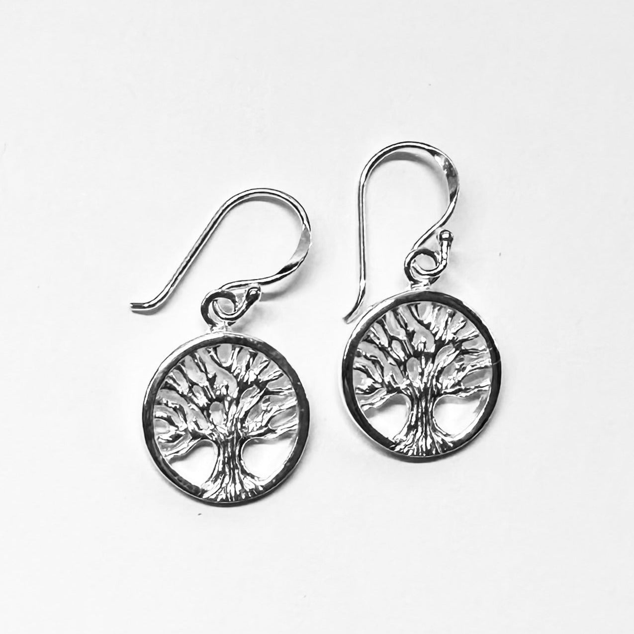 Sterling Silver Tree of Life Earrings - Circular Nature-Inspired Dangle Design - Model 1211-078