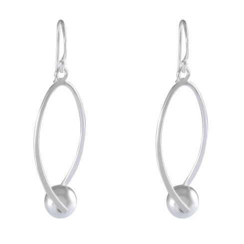 Minimalist Sterling Silver Oval Drop Earrings - Polished Sphere Accent - Model 1212-016