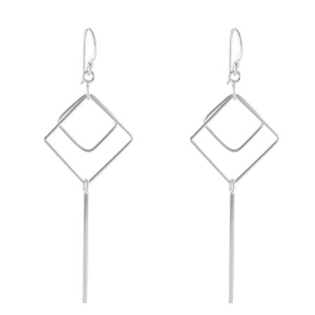 Modern Sterling Silver Diamond-Shaped Frame Earrings with Linear Drop - Model 1212-026