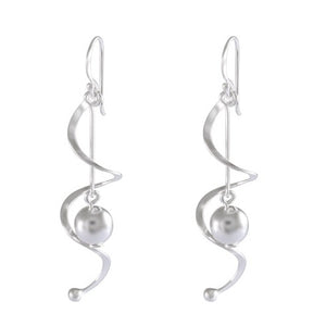 Sterling Silver Swirl Earrings with Silver Sphere - Elegant Spiral Design - Model 1212-049