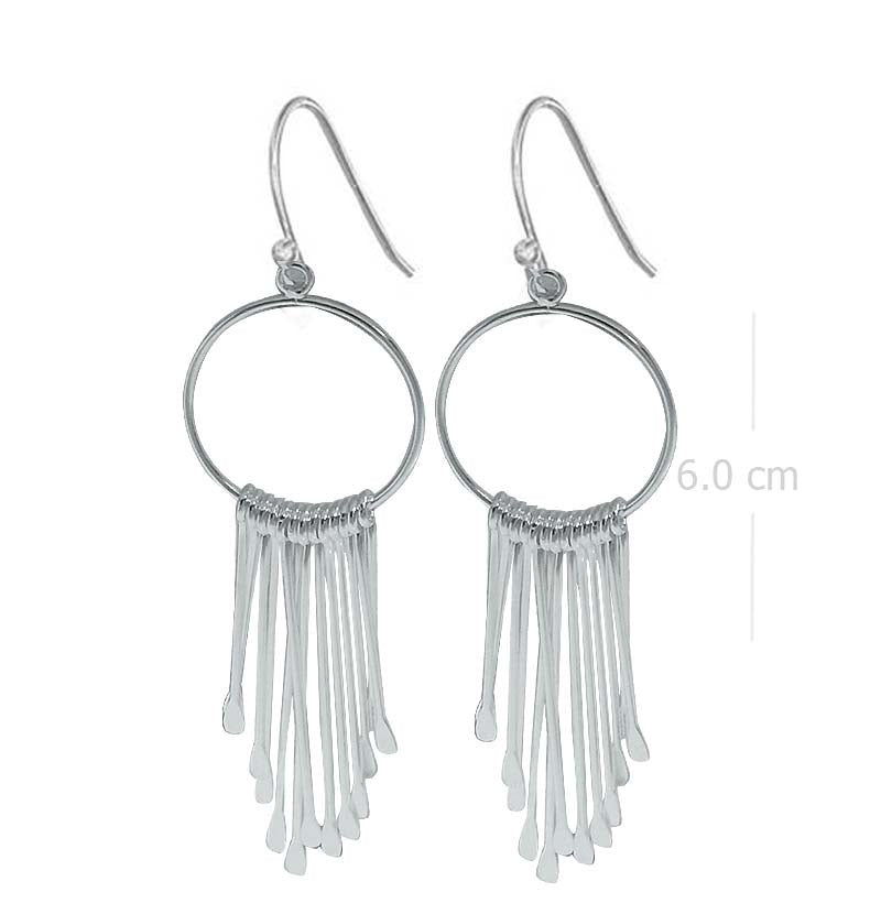 Bohemian Sterling Silver Hoop Earrings with Fringe Detail - Chic Cluster Jewelry Model 1212-078