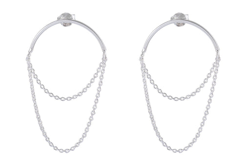 Chic Silver Chain Loop Earrings | Sterling Silver Open Hoop with Chain Drape - Model 1214-008