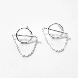 Chic Sterling Silver Circle Earrings with Chain - Geometric Open Hoop Design - Model 1214-027