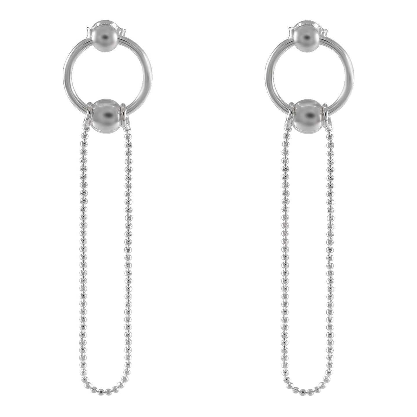 Modern Silver Hoop & Chain Earrings with Bead Detail - Model 1214-043