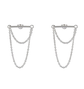 Silver Bar and Chain Drape Earrings - Elegant Linear Design - Model 1214-044