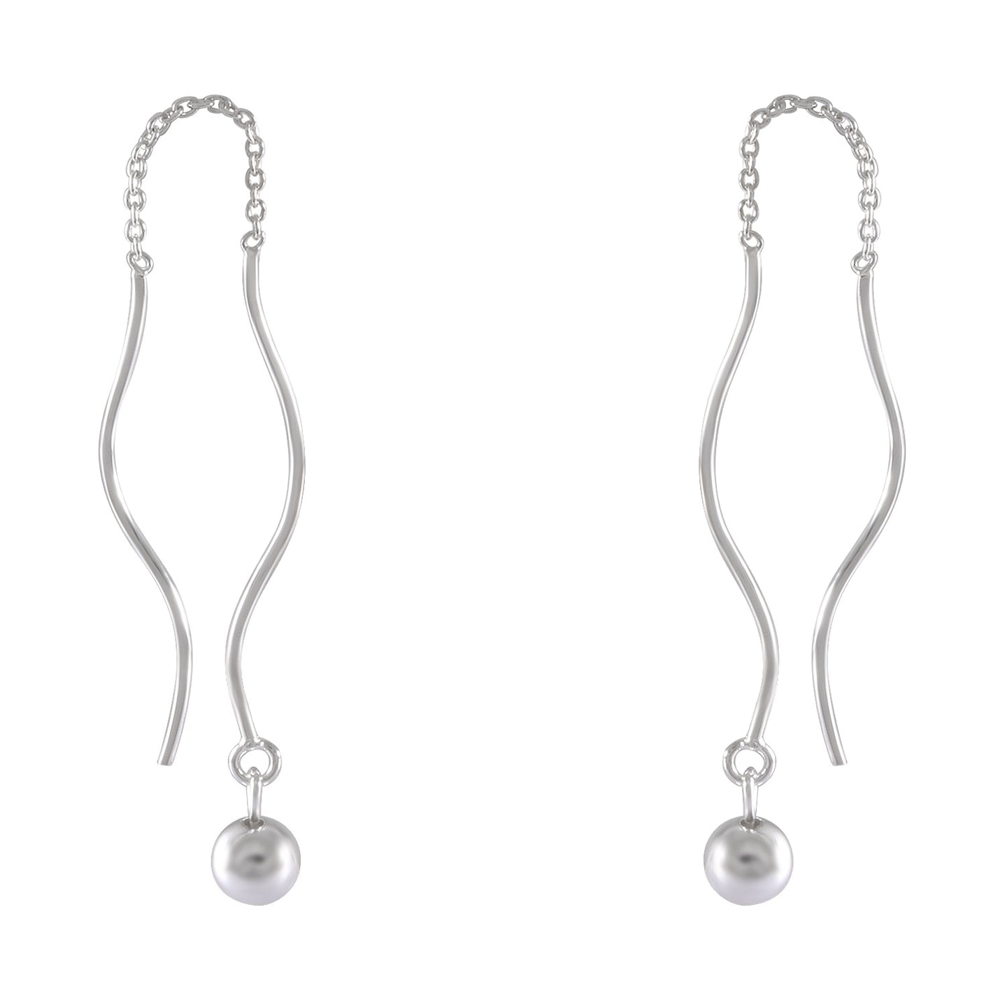 Elegant Sterling Silver Wave Chain & Ball Dangle Earrings – Sleek Contemporary Design - Model 1216-019