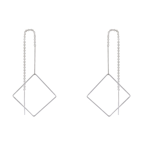 Modern Sterling Silver Geometric Diamond-Shape & Chain Dangle Earrings - Edgy Minimalist - Model 1216-020