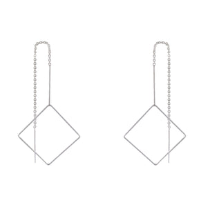 Modern Sterling Silver Geometric Diamond-Shape & Chain Dangle Earrings - Edgy Minimalist - Model 1216-020