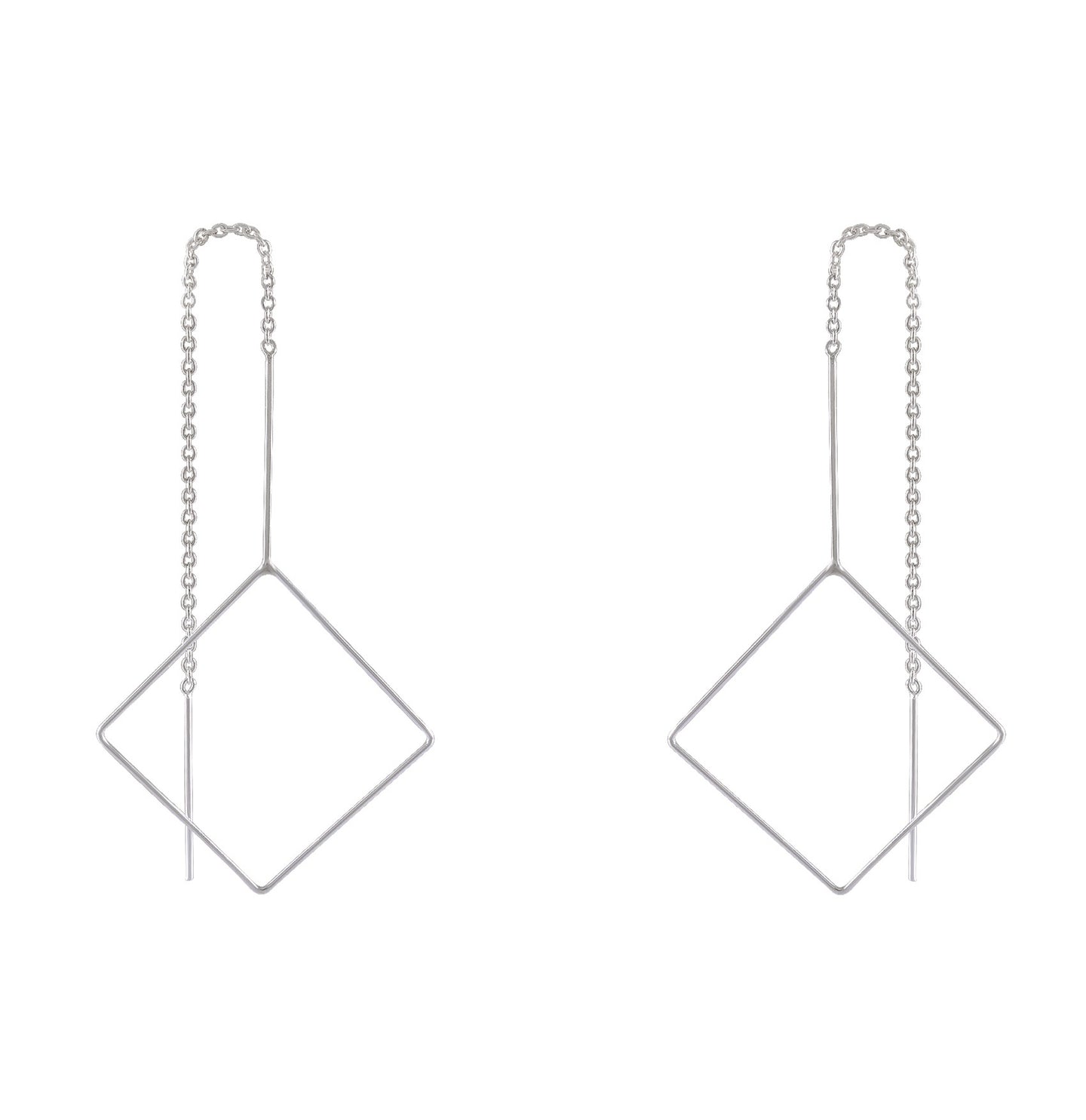 Modern Sterling Silver Geometric Diamond-Shape & Chain Dangle Earrings - Edgy Minimalist - Model 1216-020