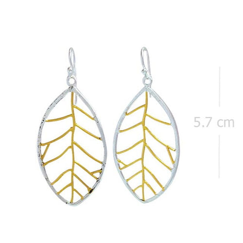 Silver Leaf Vein Dangle Earrings with Gold Accent - Model 1222-003