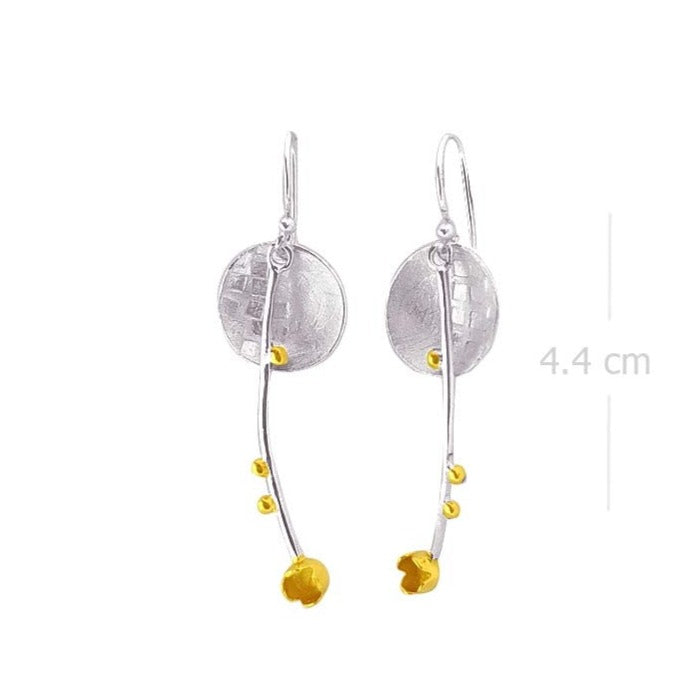 Textured Silver Disc Drop Earrings with Gold Plating Accents - Model 1222-007