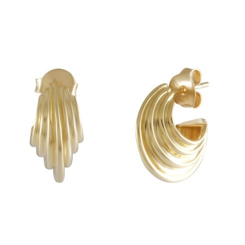 Golden Cascade Hoop Earrings, Chic Gold-Plated Silver, Elegant Ribbed Design - Model 1224-003