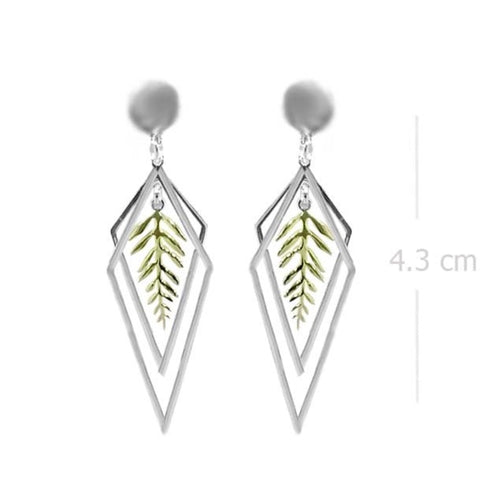 Geometric Fern Drop Earrings, Sterling Silver with Gold Leaf Accent, Nature-Inspired Jewelry - Model 1224-007