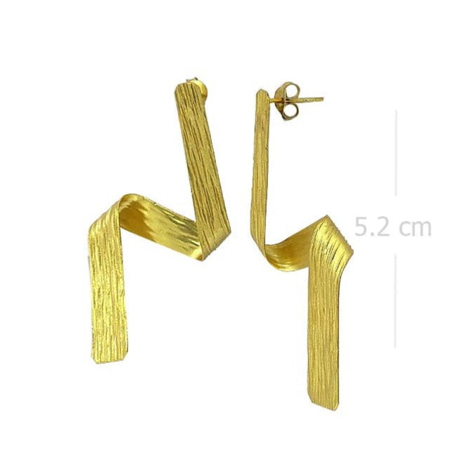 Gold-Plated Angular Ribbon Earrings, Brushed Texture Finish, Bold Modern Jewelry - Model 1224-011