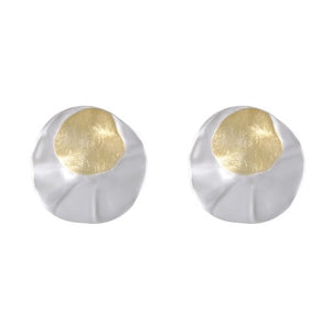 Lotus Petal Inspired Stud Earrings, Two-Tone with Gold Brushed Detail, Silver Matte Elegance - Model 1227-001