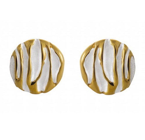 Gold-Plated Grooved Stud Earrings, Silver Detailing, Chic Textured Accessory - Model 1227-004