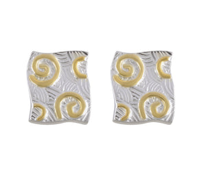 Gold-Plated Swirl Pattern Stud Earrings, Textured Silver Background, Elegant Accessory - Model 1227-005