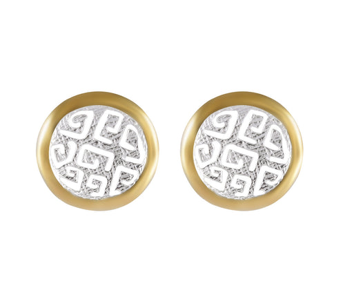 Gold-Plated Circular Stud Earrings with Silver Geometric Inlay, Timeless Design - Model 1227-006