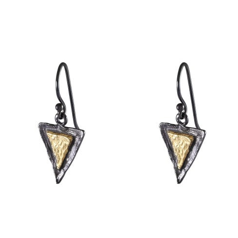 Edgy Triangular Dangle Earrings - Blackened Silver with Gold Plating - Model 1241-003