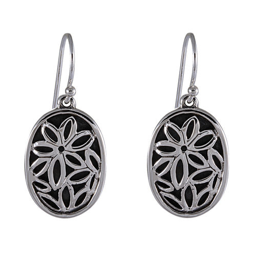 Floral Cutout Oval Earrings - Sterling Silver with Openwork Design - Model 1241-005