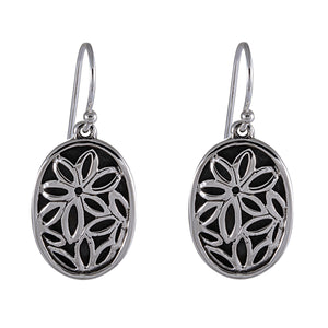 Floral Cutout Oval Earrings - Sterling Silver with Openwork Design - Model 1241-005