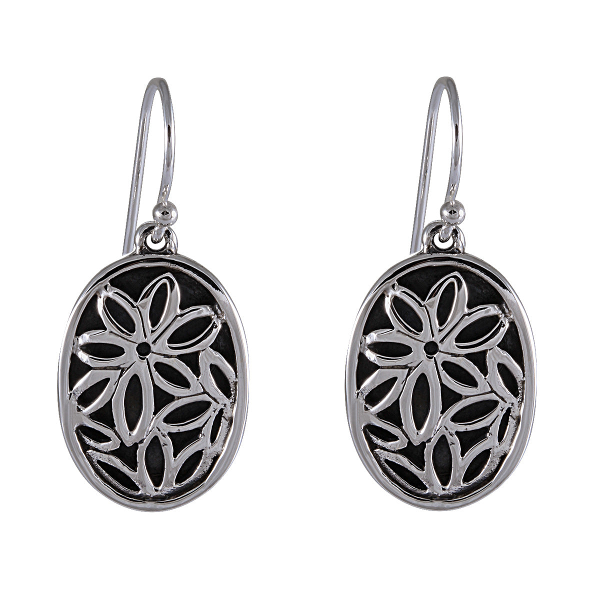 Floral Cutout Oval Earrings - Sterling Silver with Openwork Design - Model 1241-005