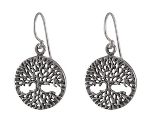 Rustic Tree of Life Round Earrings - Oxidized Sterling Silver Detailing - Model 1241-008