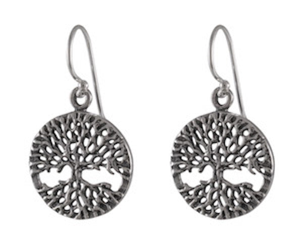 Rustic Tree of Life Round Earrings - Oxidized Sterling Silver Detailing - Model 1241-008