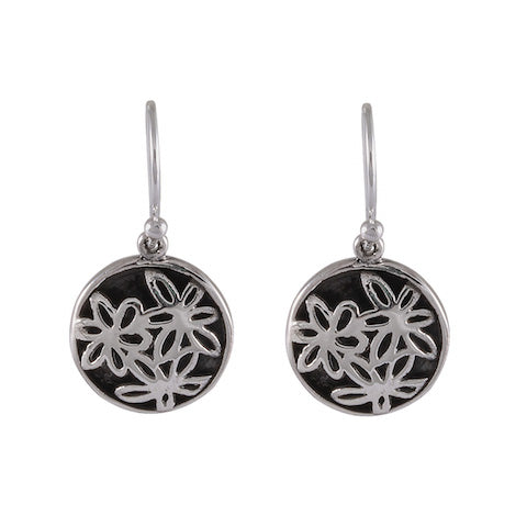 Botanical Contrast Circle Earrings - Sterling Silver with Black Enamel - Model 1241-013
