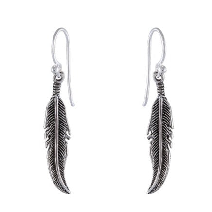 Bohemian Feather Drop Earrings - Sterling Silver with Detailed Etching - Model 1241-014