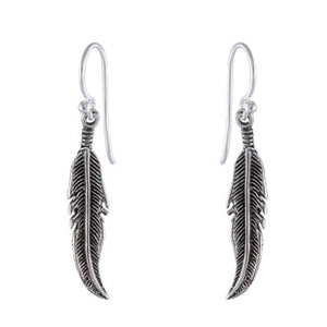Bohemian Feather Drop Earrings - Sterling Silver with Detailed Etching - Model 1241-014