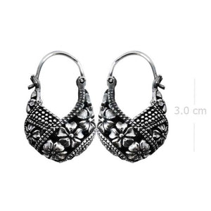 Sterling Silver Floral Hoop Earrings with Oxidized Detail - Model 1243-008