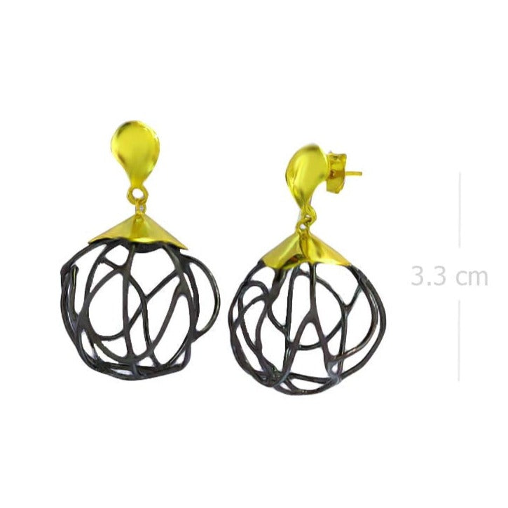 Golden Orb Embrace Earrings - Black Silver Nest Design - Model 1244-007