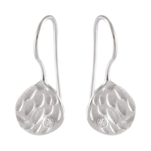 Textured Silver Teardrop Earrings with Crystal Accent - Artisan Crafted - Model 1251-028