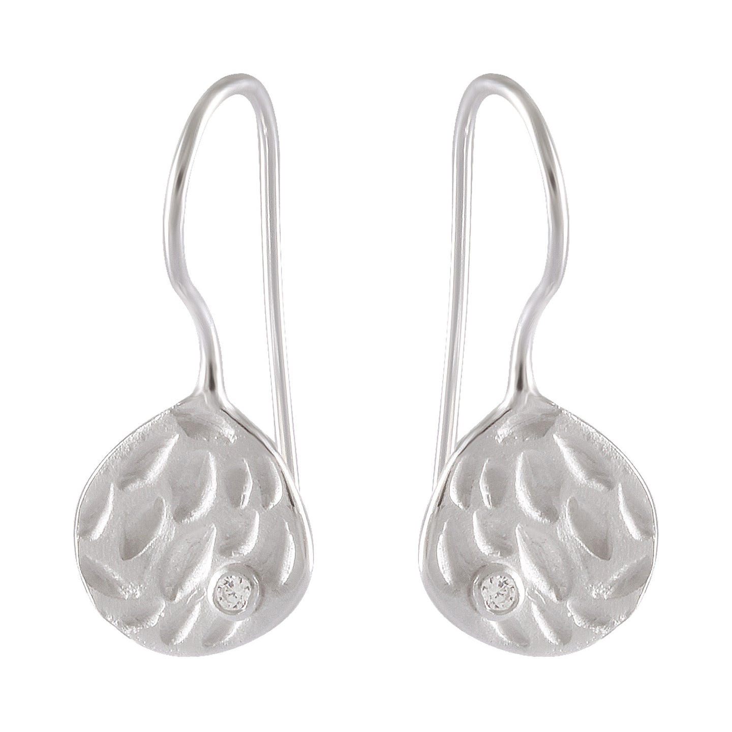 Textured Silver Teardrop Earrings with Crystal Accent - Artisan Crafted - Model 1251-028
