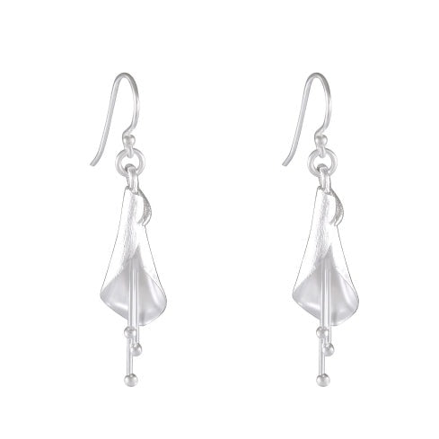 Sandblasted Silver Calla Lily Earrings with Silver Bead Stamen - Sleek Flora - Model 1252-009
