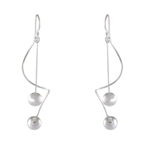 Geometric Balance Sterling Silver Earrings - Matte Ball Dangle Design - Model 1252-011