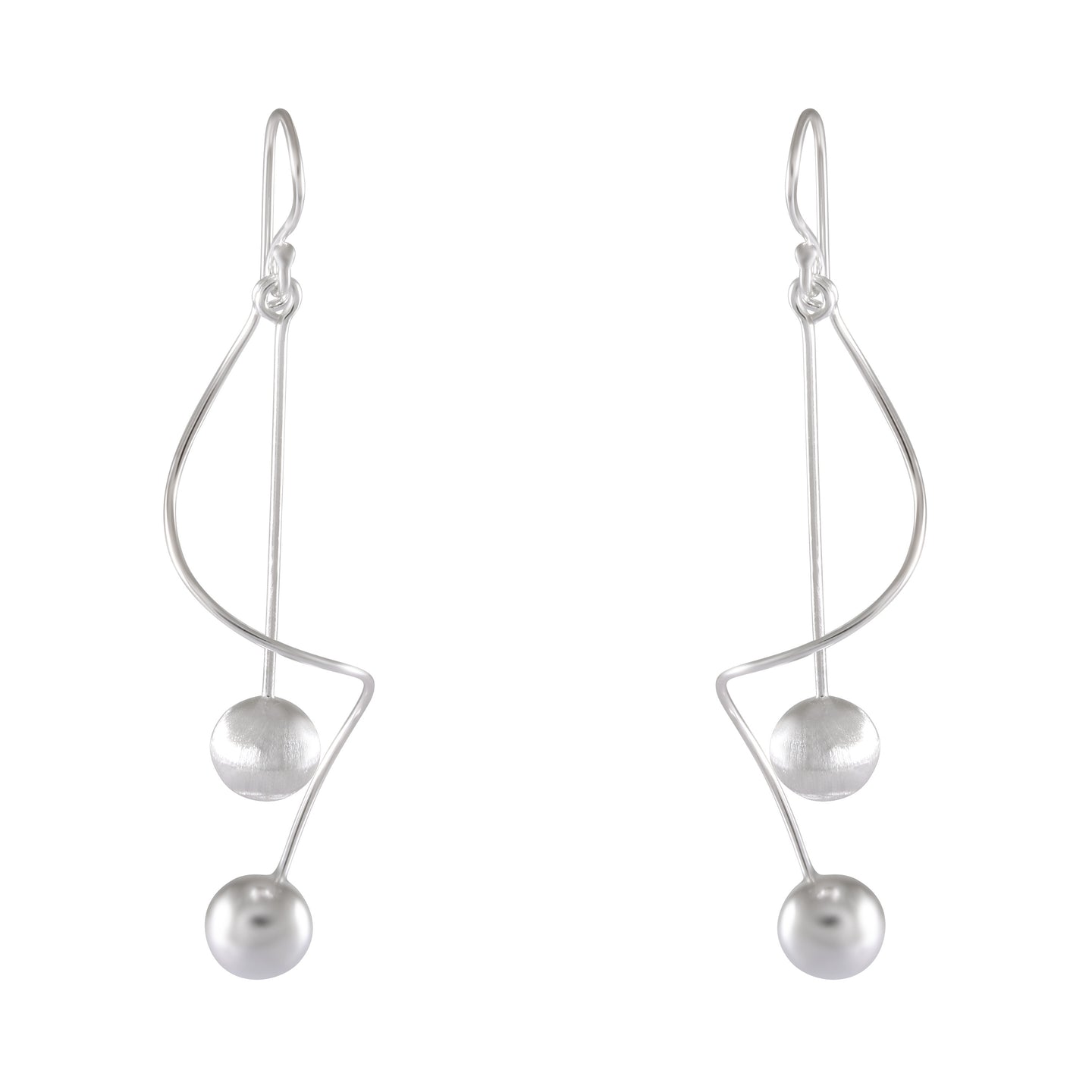Geometric Balance Sterling Silver Earrings - Matte Ball Dangle Design - Model 1252-011