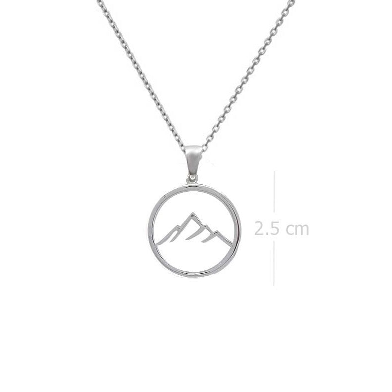 Necklace with Pendant Silver Mountain Silhouette - Circle Frame, Nature-Inspired - Model 131-083