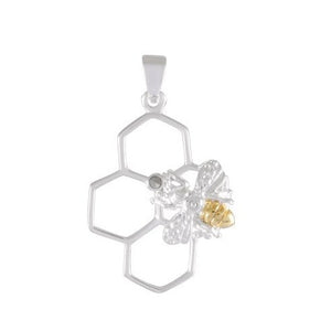 Necklace with Pendant Geometric Honeycomb" Sterling Silver & Gold-Accented Bee - Model 132-003