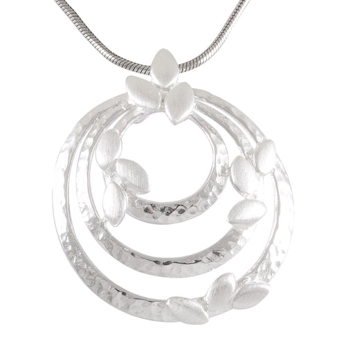Necklace with Pendant Ethereal Blossom Sterling Silver Triple Circle - Hammered Texture - Model 135-027