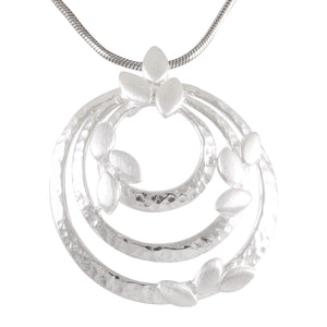 Necklace with Pendant Ethereal Blossom Sterling Silver Triple Circle - Hammered Texture - Model 135-027