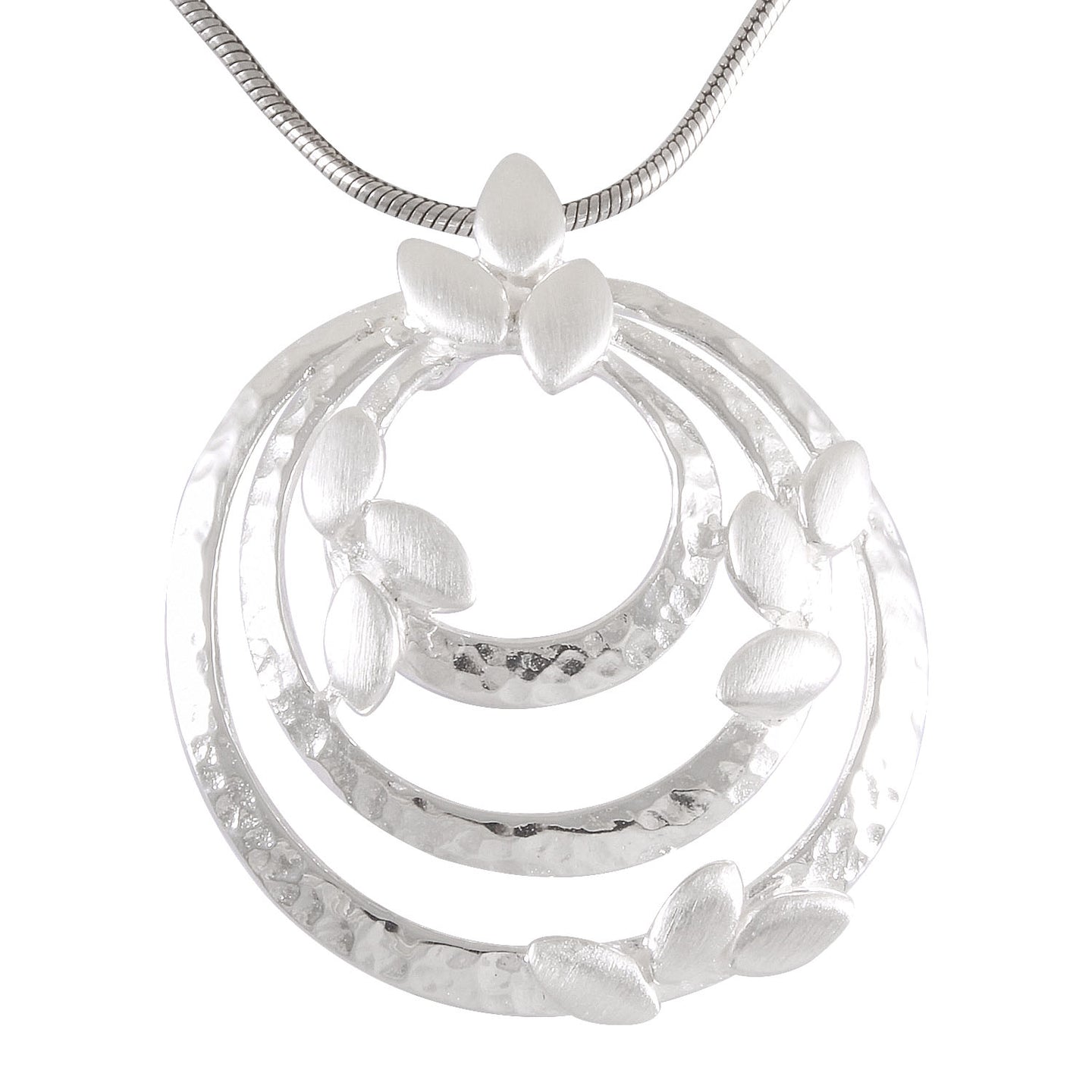 Necklace with Pendant Ethereal Blossom Sterling Silver Triple Circle - Hammered Texture - Model 135-027
