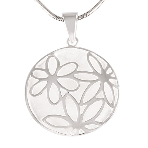 Necklace with Pendant Floral Harmony Sterling Silver Sandblasted Circle  - Model 135-055