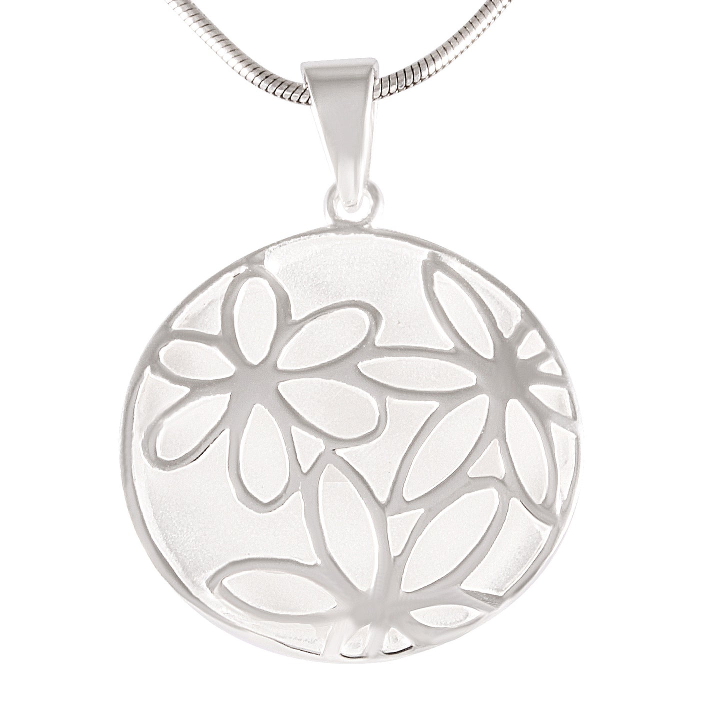 Necklace with Pendant Floral Harmony Sterling Silver Sandblasted Circle  - Model 135-055