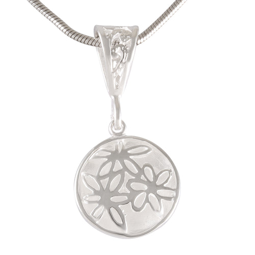 Necklace with Pendant Floral Harmony Sterling Silver Sandblasted Circle  - Model 135-056