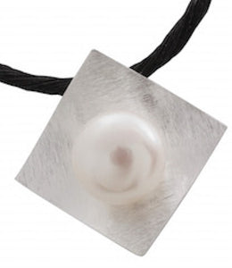 Sterling Silver Sandblasted Square Pendant with Pearl | Modern Artistic Necklace - Model 535-004