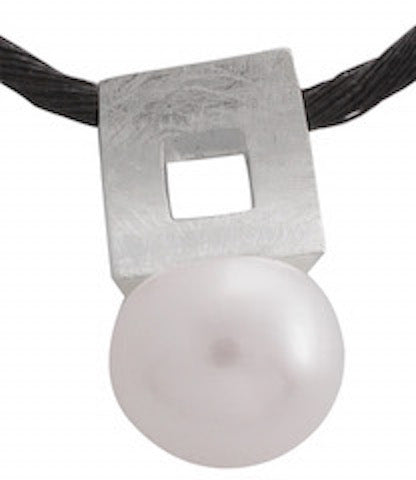 Sterling Silver Sandblasted Square Pendant with Pearl | Modern Artistic Necklace - Model 535-002