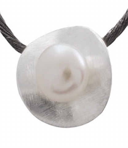 Sterling Silver Sandblasted Pendant with Genuine Pearl | Elegant Textured Necklace - Model 535-001